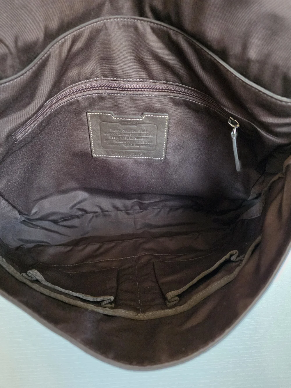 Coach Dark Brown Leather Messenger Bag with Striped Adjustable Strap